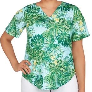 Ruby Rd Paradise Palms Printed Knit Eyelet Top Ladies Large